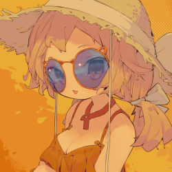 Rule 34 | 1girl, absurdres, bikini, blue-tinted eyewear, bow, breasts, brown hat, female focus, hair bow, halftone, hat, hat bow, highres, light brown hair, looking at viewer, low twintails, nep (nep 76), orange background, orange bikini, original, round eyewear, simple background, small breasts, solo, straw hat, swimsuit, tinted eyewear, tongue, tongue out, twintails, white bow