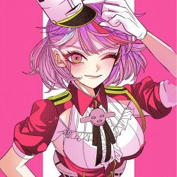 Rule 34 | 1girl, anno88888, arm up, armpit cutout, black neckwear, breasts, clothing cutout, ear piercing, giuseppe garibaldi (kancolle), gloves, hat, highres, kantai collection, lips, medium breasts, mini hat, multicolored hair, neck ribbon, one eye closed, piercing, pink eyes, pink hair, red hair, ribbon, short sleeves, simple background, smile, streaked hair, tilted headwear, two-tone background, upper body, white gloves, white hair, white headwear