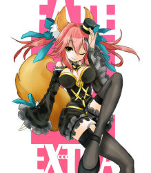 Rule 34 | 10s, 1girl, alternate color, animal ears, bad id, bad pixiv id, bare shoulders, bow, breasts, cleavage, copyright name, detached sleeves, fate/extra, fate/extra ccc, fate (series), fox ears, fox tail, fulunukko, gothic lolita, hair bow, hair ribbon, hat, large breasts, lolita fashion, mini hat, mini top hat, official alternate costume, one eye closed, pink hair, ribbon, solo, tail, tamamo (fate), tamamo no mae (fate/extra), tamamo no mae (sable mage) (fate), thighhighs, top hat, twintails, wink, yellow eyes