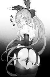Rule 34 | 1girl, ass, back, bare shoulders, blush, breasts, clarisse (granblue fantasy), closed mouth, elbow gloves, garter belt, gloves, granblue fantasy, greyscale, hair ribbon, highres, long hair, looking at viewer, looking back, medium breasts, monochrome, panties, ponytail, remora180, ribbon, swept bangs, thighs, underwear, very long hair