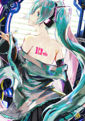 Rule 34 | 1girl, back, bare back, bare shoulders, black skirt, blue eyes, blue hair, blue nails, blue necktie, commentary, detached sleeves, english commentary, fingernails, floating hair, grey shirt, hatsune miku, holding necktie, long hair, looking back, nail polish, necktie, profile, shirt, unworn shirt, skirt, smile, solo, total, twintails, undone necktie, very long hair, vocaloid