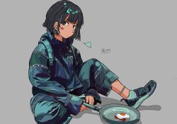 Rule 34 | 1girl, bacon, bad id, bad twitter id, black hair, blue eyes, blush, dated, egg, flat color, food, frying pan, grey background, harusameriburo, high collar, highres, ligne claire, long sleeves, looking at viewer, original, pants, shadow, shoes, short hair, sitting, solo