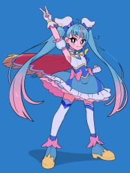 Rule 34 | 1girl, ahoge, blue background, blue eyes, blue hair, bow, brooch, cape, clenched hand, cure sky, detached sleeves, fingerless gloves, gloves, highres, hirogaru sky! precure, jewelry, magical girl, pink bow, precure, puffy detached sleeves, puffy sleeves, sanekome, single sidelock, smile, solo, sora harewataru, thighhighs, twintails, two-sided cape, two-sided fabric, v, white gloves, white thighhighs, wing brooch, wing hair ornament