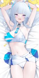Rule 34 | 1girl, absurdres, arm up, armpits, arms up, bare shoulders, bed sheet, blue archive, blue hair, blue necktie, blunt bangs, blush, breasts, cameltoe, cheerleader, cleavage, cleft of venus, crop top, dakimakura (medium), hair ornament, highres, large breasts, long hair, looking at viewer, lying, midriff, millennium cheerleader outfit (blue archive), miniskirt, navel, necktie, noa (blue archive), on back, open mouth, panties, pleated skirt, pom pom (cheerleading), purple eyes, shirt, sidelocks, skirt, sleeveless, smile, solo, stomach, thighs, underwear, white panties, white skirt, z.taiga