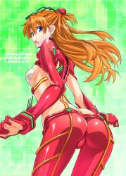 Rule 34 | 1girl, ass, blue eyes, blush, bodysuit, breasts, cameltoe, character name, evangelion: 2.0 you can (not) advance, from behind, long hair, looking at viewer, looking back, medium breasts, multicolored bodysuit, multicolored clothes, neon genesis evangelion, open mouth, orange bodysuit, pilot suit, plugsuit, rebuild of evangelion, red bodysuit, see-through, see-through bodysuit, shiny clothes, shiny skin, solo, souryuu asuka langley, standing, suzutsuki kurara, test plugsuit, very long hair, wide hips