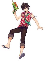 Rule 34 | 1boy, armband, bad id, bad twitter id, brown eyes, brown hair, brown pants, commentary request, copyright request, finger on trigger, floral print, full body, gun, hand up, hawaiian shirt, highres, holding, holding gun, holding weapon, looking at viewer, male focus, maruchi, pants, parted lips, red shirt, sandals, shirt, simple background, smile, solo, water gun, weapon, white background