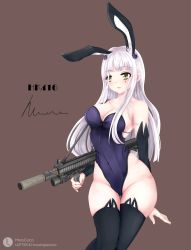 Rule 34 | 1girl, animal ears, artist name, assault rifle, bare shoulders, black thighhighs, blue hair, breasts, brown background, character name, cleavage, closed mouth, covered navel, crossed bangs, fake animal ears, feet out of frame, girls&#039; frontline, green eyes, gun, h&amp;k hk416, highres, hk416 (girls&#039; frontline), holding, holding weapon, leotard, light blue hair, long hair, looking away, marscoco, medium breasts, playboy bunny, rifle, solo, standing, teardrop, teardrop facial mark, teardrop tattoo, thighhighs, thighs, weapon