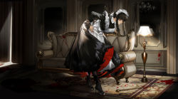 Rule 34 | 1girl, absurdres, alternate costume, apron, arlizi, bent over, black dress, black hair, blood, blood on wall, blood splatter, bloody weapon, boots, breasts, carpet, chandelier, couch, curtains, dagger, dress, enmaided, frilled dress, frills, full body, glint, hand on own hip, high heel boots, high heels, highres, implied murder, knife, lamp, large breasts, lips, long hair, maid, maid apron, maid headdress, mirror, nail polish, parted lips, red eyes, red nails, sidelocks, solo, spy x family, standing, weapon, weapon on floor, yor briar
