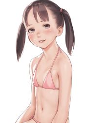 Rule 34 | 1girl, bare shoulders, bikini, blush, brown eyes, brown hair, child, female focus, highres, lips, looking at viewer, luimiart, navel, nose, original, parted lips, pink bikini, short hair, side-tie bikini bottom, simple background, sitting, smile, solo, swimsuit, twintails, white background