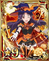 Rule 34 | 10s, 1girl, belt, bow, bowtie, card (medium), garter straps, gloves, halloween, halloween costume, hat, jack-o&#039;-lantern, leg up, long hair, looking at viewer, moon, one eye closed, open mouth, pointy ears, pumpkin, purple hair, red eyes, solo, star (symbol), striped bow, striped clothes, striped thighhighs, sword art online, thighhighs, white gloves, witch hat, yuuki (sao)