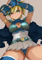 Rule 34 | armpits, artemis (shin megami tensei), artist request, blonde hair, blue cape, breasts, cameltoe, cape, gluteal fold, green eyes, looking down, pussy, pussy peek, shin megami tensei, shin megami tensei v, tan, thick thighs, thighs, upskirt