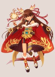 Rule 34 | 1girl, asymmetrical legwear, bare shoulders, belt pouch, black thighhighs, boots, brown eyes, brown hair, clog sandals, dragon girl, dragon tail, earrings, eyebrows, fang, fire, flat chest, frilled skirt, frills, full body, fur boots, fur trim, highres, horns, japanese clothes, jewelry, kimono, long hair, looking at viewer, nokia (harusion), okobo, original, pointy ears, pouch, pyrokinesis, sandals, simple background, single thighhigh, skirt, solo, tail, thighhighs, uneven legwear, very long hair, wrist cuffs