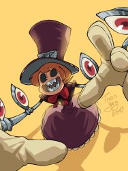 Rule 34 | 1girl, bow, cyborg, dress, extra eyes, frilled dress, frills, from above, gloves, hat, open mouth, orange hair, peacock (skullgirls), red eyes, sharp teeth, short hair, skullgirls, smile, solo, teeth, top hat, yellow background