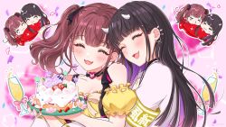 Rule 34 | &gt; &lt;, 2girls, :3, ^ ^, armband, black hair, breasts, cake, champagne flute, cleavage, closed eyes, creator connection, cup, drinking glass, ear piercing, closed eyes, fang, food, frilled shirt, frills, fruit, hair behind ear, heart, highres, holding, holding cake, holding food, horns, hug, hug from behind, indie virtual youtuber, jacket, lee roha, long hair, medium hair, mugimugigo, multiple girls, nijisanji, nijisanji kr, off-shoulder shirt, off shoulder, piercing, puckered lips, red scarf, scarf, shared clothes, shared scarf, shirt, smile, strawberry, sudama chitose, twintails, virtual youtuber, white jacket, yellow shirt