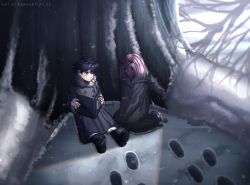Rule 34 | 10s, 1boy, 1girl, aged down, anataka550, bad id, bad pixiv id, bandages, black cloak, black hair, blue eyes, book, boots, cloak, coat, colored sclera, colored skin, commentary, couple, darling in the franxx, footprints, fur boots, fur trim, green eyes, grey coat, hetero, hiro (darling in the franxx), holding, holding book, hood, hooded cloak, horns, long hair, looking at another, oni horns, open book, parka, pink hair, red horns, red pupils, red sclera, red skin, seiza, short hair, sitting, snow, spoilers, tree, winter clothes, winter coat, zero two (darling in the franxx)