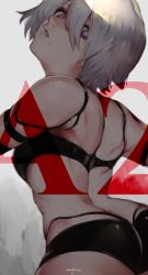 Rule 34 | 1girl, absurdres, ass, back, butt crack, character name, commentary request, head tilt, highres, ibuo (ibukht1015), lips, looking back, mole, mole under mouth, nier:automata, nier (series), purple eyes, short hair, short shorts, shorts, simple background, twitter username, a2 (nier:automata)