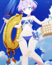 Rule 34 | 1girl, absurdres, azur lane, bare shoulders, bikini, blue bikini, blue eyes, blue sky, blush, closed mouth, cloud, collarbone, day, female focus, highres, javelin (azur lane), javelin (beach picnic!) (azur lane), navel, outdoors, purple hair, sky, solo, standing, stitched, sweatdrop, swimsuit, third-party edit
