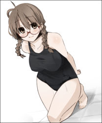 Rule 34 | 1girl, aka ume, barefoot, braid, glasses, one-piece swimsuit, solo, swimsuit, twin braids