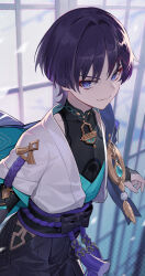 Rule 34 | &gt;:), 1boy, absurdres, black hair, black pants, black shirt, bridal gauntlets, closed mouth, commentary request, covered collarbone, genshin impact, hakama, hakama pants, highres, japanese clothes, kimono, looking at viewer, male focus, pants, purple eyes, scaramouche (genshin impact), shirt, sin (btc86amme), smile, solo, v-shaped eyebrows, wanderer (genshin impact), white kimono, window