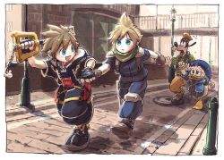 Rule 34 | 4boys, armor, baggy pants, bird, black footwear, black gloves, black jacket, black shorts, blue eyes, blue headwear, blue pants, blue shirt, blush, boots, brick road, brown footwear, brown gloves, chain, chain necklace, charm (object), city, cloud strife, crisis core final fantasy vii, dog, donald duck, duck, final fantasy, final fantasy vii, fingerless gloves, gloves, goofy, green scarf, green sweater, hair between eyes, hat, holding, holding hands, holding weapon, hood, hood down, hooded jacket, jacket, jewelry, keyblade, kingdom hearts, kingdom hearts iii, knee pads, looking at another, looking back, male focus, multiple boys, necklace, open mouth, outdoors, over shoulder, pants, parted lips, running, scarf, shinra infantry uniform, shirt, short hair, short sleeves, shorts, shoulder armor, shuumai 1022, sleeves rolled up, smile, sora (kingdom hearts), spiked hair, square enix, sweater, weapon, weapon over shoulder, yellow headwear, yellow pants