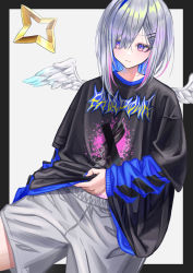 Rule 34 | 1girl, absurdres, amane kanata, angel, angel wings, bad id, bad twitter id, blue hair, blush, colored inner hair, halo, highres, hololive, kmgrru, looking at viewer, multicolored hair, open mouth, purple eyes, short hair, silver hair, smile, solo, star halo, streaked hair, virtual youtuber, wings