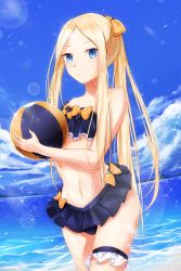 Rule 34 | 1girl, abigail williams (fate), ball, bare arms, bare shoulders, beachball, bikini, bikini skirt, black bow, black skirt, blonde hair, blue eyes, bow, cloud, collarbone, commentary request, day, fate/grand order, fate (series), hair bow, holding, long hair, looking at viewer, navel, orange bow, outdoors, parted bangs, polka dot, polka dot bow, skirt, slime (user jpds8754), solo, swimsuit, thighhighs, very long hair, water