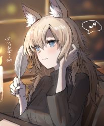 Rule 34 | 1girl, absurdres, animal ear fluff, animal ears, arknights, blonde hair, blue eyes, breasts, brown sweater, candle, closed mouth, commentary request, hair between eyes, hair ribbon, hand in own hair, highres, holding, holding quill, horn/wood, horse ears, horse girl, long hair, long sleeves, looking ahead, medium breasts, musical note, quill, ribbon, sitting, smile, solo, spoken musical note, sweater, translation request, upper body, weapon, whislash (arknights)