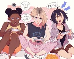 Rule 34 | 3girls, afro puffs, animal slippers, black eyes, black hair, blonde hair, blue eyes, bowl, brown eyes, bunny slippers, controller, dark-skinned female, dark skin, doritos, flying sweatdrops, game controller, gwen stacy, highres, holding, holding controller, hood, hoodie, margo kess, marvel, multiple girls, open mouth, pants, peni parker, pillow, pink lips, plaid, plaid skirt, playing games, print socks, sitting on pillow, skirt, sleeveless, slippers, socks, speech bubble, spider-man: across the spider-verse, spider-man (series), spider-verse, squiggle, sweatpants, tikklil, tooth gap, torn clothes, torn sleeves