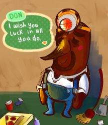 Rule 34 | 1boy, animal crossing, broom, brown background, dialogue box, don resetti (animal crossing), male focus, nintendo, overalls, pizza box, shirt, white shirt