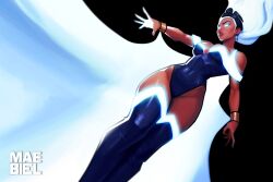 1girl bodysuit breasts cape cleavage dark-skinned_female dark_skin earrings glowing glowing_eyes jewelry leotard lightning_bolt_symbol long_hair maebiel marvel solo storm_(x-men) superhero_costume thighhighs very_dark_skin white_hair x-men