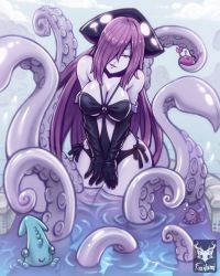 Rule 34 | 1girl, artist name, bare shoulders, black gloves, breasts, cleavage, crab, elbow gloves, fish, foxilumi, gloves, hair over one eye, kraken (monster girl encyclopedia), large breasts, light smile, long hair, looking at viewer, monster girl, monster girl encyclopedia, pale skin, parted lips, partially submerged, purple eyes, purple hair, scylla, solo, squid, suction cups, tentacles, very long hair, water