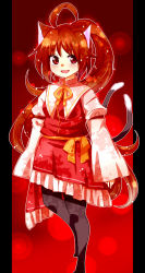 Rule 34 | 1girl, alternate costume, alternate hairstyle, animal ears, blush, chen, highres, long hair, long sleeves, looking at viewer, multiple tails, red eyes, ribbon, smile, solo, tail, thighhighs, totoharu (kujirai minato), touhou