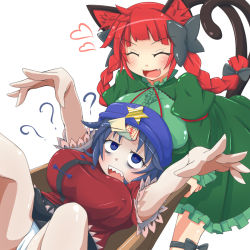 Rule 34 | 2girls, :d, ?, ^ ^, animal ears, bags under eyes, beret, blue eyes, blue hair, bow, braid, breast rest, breasts, breasts on head, cat ears, cat tail, closed eyes, confused, constricted pupils, covered erect nipples, cowboy shot, dress, closed eyes, fang, green dress, hair bow, happy, hat, heart, highres, himenomikan, jiangshi, kaenbyou rin, large breasts, miyako yoshika, multiple girls, multiple tails, nekomata, ofuda, open mouth, outstretched arms, pale skin, panties, red hair, sharp teeth, shirt, simple background, skirt, smile, star (symbol), tail, teeth, touhou, twin braids, underwear, wheelbarrow, white background, white panties, zombie pose