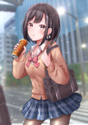 Rule 34 | 1girl, absurdres, bag, black bag, black hair, black pantyhose, blue skirt, blurry, blurry background, blush, bow, bowtie, braid, brown cardigan, brown eyes, brown hair, building, can, cardigan, collared shirt, cowboy shot, crosswalk, drink can, hands up, highres, holding, holding can, kamiyama high school uniform (project sekai), lamppost, light particles, long sleeves, looking at viewer, monster energy, nail polish, outdoors, pantyhose, parted lips, pink eyes, plaid, plaid skirt, pleated skirt, project sekai, red bow, red bowtie, school bag, school uniform, shinonome ena, shirt, short hair, side braid, sidelocks, single braid, skirt, solo, sparkle, standing, striped bow, striped bowtie, striped clothes, white shirt, yuzu ponzu (vgah7445)