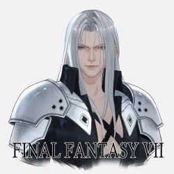 Rule 34 | 1boy, armor, black coat, chest strap, closed mouth, coat, collarbone, copyright name, cropped torso, final fantasy, final fantasy vii, final fantasy vii rebirth, final fantasy vii remake, green eyes, grey background, grey hair, hashtag-only commentary, highres, lips, long bangs, long hair, looking at viewer, male focus, parted bangs, rinbukyoku, sephiroth, shoulder armor, smile, solo, upper body