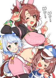 3girls ahoge belt breasts brown_eyes brown_hair dantsu_flame_(umamusume) grey_hair hair_ornament hat headband highres hishi_miracle_(umamusume) looking_at_viewer matikane_tannhauser_(umamusume) medium_breasts medium_hair midriff multiple_girls navel one_eye_closed open_mouth pantyhose shorts simple_background takuan_(taku1219oekaki) translation_request umamusume white_background