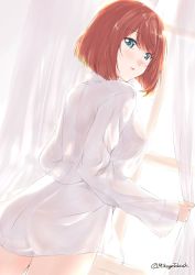 Rule 34 | 1girl, aqua eyes, ark royal (kancolle), bob cut, breasts, commentary request, curtains, dress shirt, kantai collection, large breasts, looking at viewer, mikage takashi, naked shirt, no headwear, orange hair, shirt, short hair, solo, window