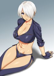 Rule 34 | 1girl, abs, angel (kof), blue background, blue eyes, breasts, cleavage, fingerless gloves, gloves, gradient background, hair over one eye, highres, large breasts, light smile, lips, midriff, navel, parted lips, short hair, silver hair, solo, st.germain-sal, the king of fighters, thigh gap, thighs