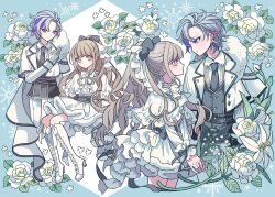 1boy 1girl blonde_hair blue_background boots closed_mouth collared_shirt commission dress face-to-face floral_background flower formal_clothes full_body fuwa_minato gloves grey_hair high_heel_boots high_heels highres jacket knee_boots long_hair long_sleeves looking_at_another looking_at_viewer meremero multicolored_hair multiple_views nijisanji original pants pink_eyes pink_hair ponytail profile purple_eyes purple_hair second-party_source shirt short_hair sitting smile snowflakes standing streaked_hair suit virtual_youtuber white_dress white_flower white_footwear white_gloves white_jacket white_shirt