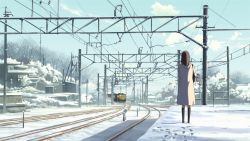 Rule 34 | 1girl, brown hair, byousoku 5 centimeter, female focus, highres, nature, outdoors, plant, scenery, sky, snow, solo, train, winter