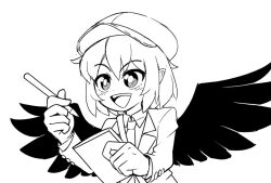 Rule 34 | 1girl, :d, bag, bird wings, black wings, collared shirt, commentary request, feathered wings, flat cap, hat, holding, holding notepad, holding pencil, jacket, long sleeves, monochrome, necktie, notepad, open mouth, pencil, pointy ears, shameimaru aya, shameimaru aya (newsboy), shirt, short hair, shoulder bag, simple background, smile, solidus (sword cube), solo, teeth, touhou, upper teeth only, white background, wings