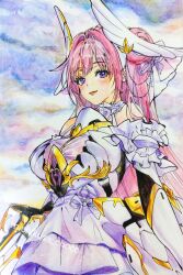Rule 34 | 1girl, armor, bare shoulders, blush, breasts, closed mouth, colored pencil (medium), detached sleeves, dorothy (nikke), dress, frilled dress, frills, goddess of victory: nikke, hair bun, highres, large breasts, long hair, michikusa choco, pink hair, purple eyes, ribbon, single side bun, skirt, smile, solo, thighhighs, traditional media, twitter username, very long hair