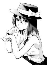 Rule 34 | 1girl, bad id, bad pixiv id, bare shoulders, bow, breasts, head rest, elbow rest, greyscale, hair between eyes, hair ribbon, hat, hat bow, looking at viewer, monochrome, ribbon, shinoasa, short hair, sitting, sleeveless, solo, touhou, tress ribbon, usami renko, watch