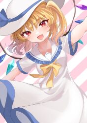 Rule 34 | 1girl, :d, alternate costume, blonde hair, blush, bow, bowtie, breasts, crystal, dress, dutch angle, flandre scarlet, happy, hat, highres, ichigo mogu 15, looking at viewer, medium hair, one side up, open mouth, outstretched arms, petite, red eyes, small breasts, smile, solo, sun hat, touhou, white dress, wings, yellow bow, yellow bowtie