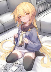 Rule 34 | black thighhighs, blonde hair, couch, highres, holding, holding clothes, holding panties, holding underwear, indoors, jewelry, kantai collection, logiclr, long hair, no pants, panties, ring, sailor collar, satsuki (kancolle), sitting, thighhighs, twintails, underwear, wariza, white panties, yellow eyes