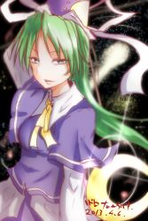 1girl capelet crescent female_focus green_eyes green_hair hat long_hair looking_at_viewer matching_hair/eyes mima_(touhou) open_mouth smile solo takorice touhou touhou_(pc-98)