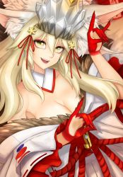 Rule 34 | 1girl, animal ear fluff, animal ears, bare shoulders, beast iv:l, blonde hair, blush, breasts, cleavage, detached collar, extra ears, eyeliner, fate/grand order, fate (series), fox ears, fox girl, fox shadow puppet, fox tail, fur collar, hair between eyes, headpiece, highres, japanese clothes, kimono, koyanskaya (fate), koyanskaya (lostbelt beast:iv) (fate), large breasts, long hair, long sleeves, looking at viewer, makeup, off shoulder, open mouth, rope, sash, sidelocks, smile, solo, sphere-stc, tail, tamamo (fate), very long hair, white kimono, wide sleeves, yellow eyes
