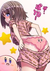 Rule 34 | ..., 10s, 1girl, :d, :o, arched back, ass, back, blue eyes, blush, blush stickers, breasts, brown hair, character print, clothes pull, from behind, kirby, kirby (series), looking at viewer, looking back, love live!, love live! sunshine!!, nintendo, open mouth, panties, pants, pants pull, pink panties, print panties, shipii (jigglypuff), shirt, short hair, short sleeves, shorts, smile, solo, star (symbol), t-shirt, text focus, thighs, underboob, underwear, watanabe you
