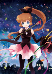 Rule 34 | 1990s (style), 1girl, :d, black bow, black bowtie, black gloves, black pantyhose, blue eyes, bow, bowtie, brown hair, clothes lift, confetti, elbow gloves, gloves, hair ribbon, haneoka meimi, hat, holding, kaitou saint tail, long hair, looking at viewer, magical girl, magician, moai (aoh), open mouth, pantyhose, ponytail, retro artstyle, ribbon, saint tail, sky, smile, solo, star (sky), starry sky, top hat, toy block, unworn hat, unworn headwear, wand