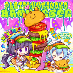 Rule 34 | 2girls, animal ears, apron, blue hair, blush stickers, braid, breasts, burger, cat ears, cheese, chibi, closed eyes, commentary request, ear piercing, english text, fake animal ears, fang, floppy ears, flying sweatdrops, food, green headwear, hair between eyes, hair ornament, hands up, headphones, headset, holding, holding megaphone, kneehighs, lettuce, long hair, low twintails, medium breasts, megaphone, multiple girls, hugging object, open mouth, orange skirt, original, picpicgram, piercing, pink footwear, pleated skirt, purple eyes, purple hair, rabbit ears, shirt, shoes, short sleeves, sitting, skirt, sleeping, socks, star (symbol), star hair ornament, tomato, twintails, very long hair, visor cap, wavy mouth, white apron, white shirt, white socks, wrist cuffs, zzz